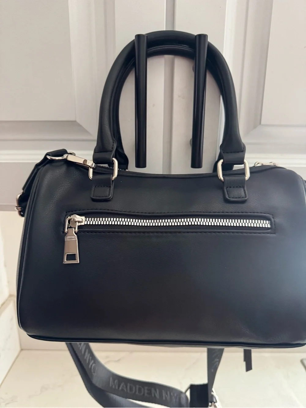 NWT- core barrel Madden NYC Black Satchel with Wide Logo Strap.